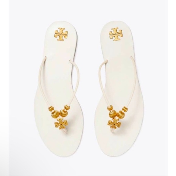 Tory Burch Capri Beaded Leather Tong Sandal/ New Ivory/Gold US 8 M/$248 NEW - Picture 2 of 6